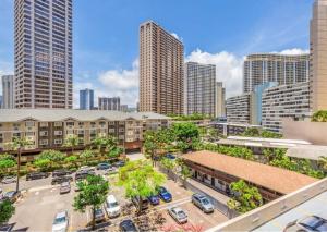 an aerial view of a city with tall buildings at Spacious & Sophisticated Palms Studio condo in Honolulu