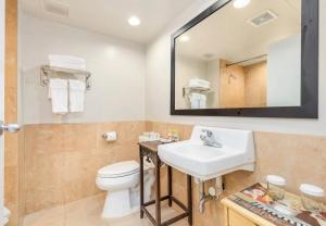 a bathroom with a sink and a toilet and a mirror at Spacious & Sophisticated Palms Studio condo in Honolulu