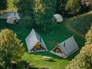 Mont-Saxonnex的住宿－Altipik - Lodges Insolites，田野上三个帐篷的顶部景观