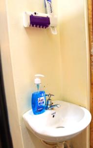 uma garrafa de detergente sentada num lavatório na casa de banho em GP homes em Nyeri