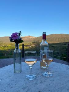 een tafel met twee glazen en een fles wijn bij Casa Raízes Capão in Vale do Capao