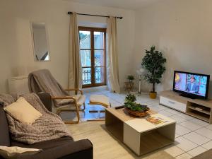 een woonkamer met een bank en een tv bij Au pied de la cité, T3 au calme in Carcassonne