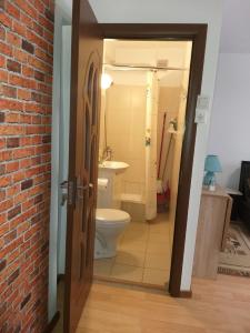 a bathroom with a toilet and a brick wall at Ultracentral free private parking in Ploieşti