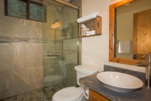 a bathroom with a shower and a toilet and a sink at Allenby- LuxuryCabin w Cozy Fireplace, Near Northstar! in Tahoe Vista +12 photos