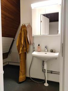 W łazience znajduje się umywalka i lustro. w obiekcie Warkhaus Apartments Korpela w mieście Varkaus