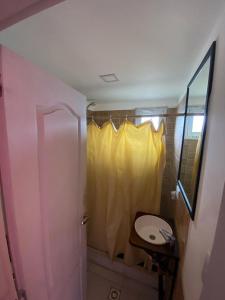 a bathroom with a shower with a yellow shower curtain at Hostel El Paredon in El Chalten