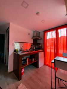 - une cuisine avec des rideaux rouges et un évier dans la chambre dans l'établissement Hostel El Paredon, à El Chalten