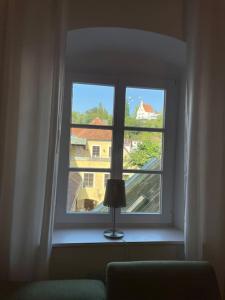 a window with a lamp sitting in front of it at Altstadt Apartment in Steyr