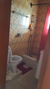 a small bathroom with a toilet and a shower at Logement entier : Maison de ville ⸱ Chez Eugenie in New Bell