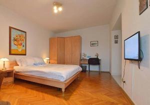 a bedroom with a bed and a flat screen tv at Atlas Accommodation Studio Romana de Lux in Bucharest