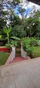 un parc avec un banc et quelques plantes et arbres dans l'établissement Habitación Familiar. El Arroyo, à Paraguarí