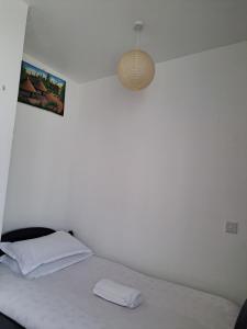 ein weißes Schlafzimmer mit einem Bett und einer Beleuchtungseinrichtung in der Unterkunft Zelani Hospitality in Nairobi