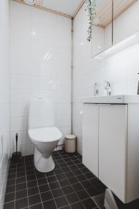Baño blanco con aseo y lavamanos en Scandic Primo Apartments - Design District 69m2, en Helsinki