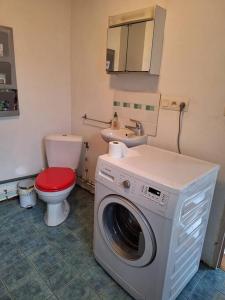a bathroom with a washing machine and a toilet at Maison en pierre proche mer, commerces et bus in Pordic