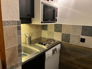 a kitchen with a sink and a stove and a microwave at Le Mottet -Prariond - ESF & Skis aux pieds in Valmorel +7 photos