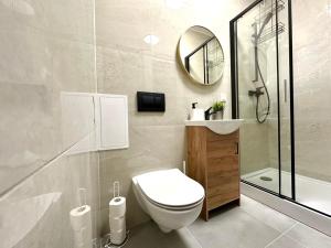 a bathroom with a toilet and a sink and a mirror at MMRent Paris Room in Gdańsk
