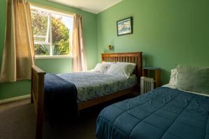 a green bedroom with two beds and a window at Brunnerton Lodge and Backpackers in Greymouth