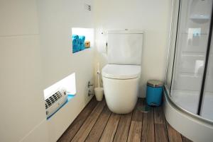 ein kleines Badezimmer mit Toilette und Dusche in der Unterkunft Blue Home in Santiago de Compostela + 32 Fotos