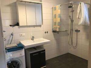 a bathroom with a sink and a washing machine at Helle & ruhige Wohnung in Neu-Ulm in Neu-Ulm