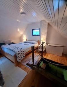 a bedroom with a bed and a boat in it at Vikendica Alisa in Doboj