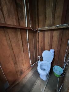 a bathroom with a toilet in a wooden wall at Cabaña Leucopternis - in the middle of Amazon forest in Orito