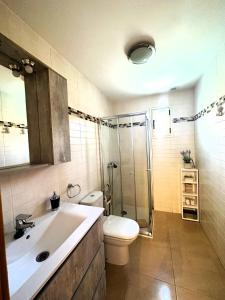 uma casa de banho com um WC, um lavatório e um chuveiro em Casa La Olas em Morro del Jable