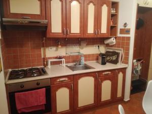 een kleine keuken met houten kasten en een wastafel bij Sunhouse Home in Szombathely