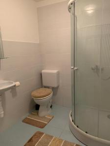 uma casa de banho com um WC e uma cabina de duche em vidro. em Kecskeméti Rooms em Budapeste