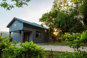 a small blue house with a tree in front of it at Planet Golf - foxdale in Foxdale Estates