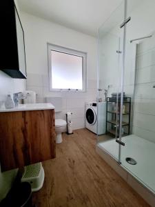 a bathroom with a shower and a sink and a microwave at Haus No. 48 in Friesenheim