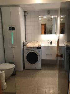 une salle de bains avec lave-linge et lavabo dans l'établissement Unikt boende, bästa läge, ski-in/ski-out Björnrike, à Vemdalen