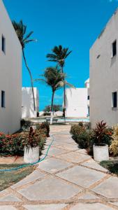 a walkway with two palm trees and a building at Paraiso frente ao mar, réplica de uma vila grega! in Aracati