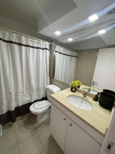 La salle de bains est pourvue de toilettes blanches et d'un lavabo. dans l'établissement San francisco 335/317, à Santiago
