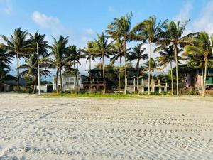 Blick auf einen Strand mit Palmen und Häusern in der Unterkunft Hostal Té de Menta in Muisne