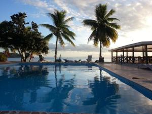 a swimming pool with palm trees and the ocean at Korovou Eco Tour Resort in Naviti Island