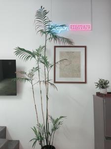 a plant in a room with a picture on a wall at Saigon Haven in Ho Chi Minh City