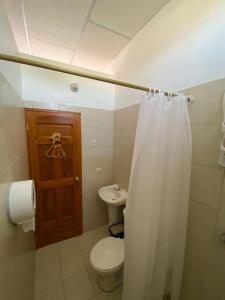ein Bad mit einem WC und einem Duschvorhang in der Unterkunft Suite privada para 5 personas - #5 Playa Engabao in Playas