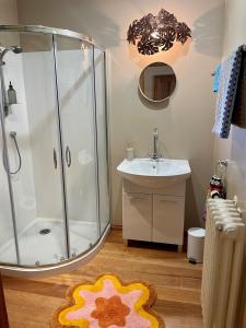 a bathroom with a shower and a sink at Studio 585 in Alexandra
