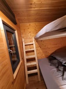 a room with two bunk beds and a window at NEU Luxuriöses Tinyhaus Ferienhaus FREYR einmalig in Lübbenau in Klein Klessow