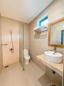 a bathroom with a sink and a toilet and a mirror at ARECA MUINE HOMESTAY in Phan Thiet