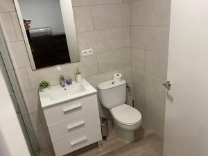 uma casa de banho com um WC, um lavatório e um espelho. em Apartamento Centro em Rubí