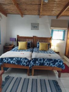 een slaapkamer met een bed met blauwe en gele kussens bij Foot-loose & Fancy Free in St Helena Bay