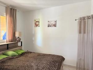 een slaapkamer met een bed met groene kussens en een raam bij Bel appart Étang salé La réunion in Étang-Salé les Bains