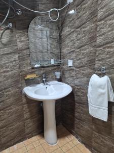 a bathroom with a sink and a mirror at Spring Tower in Al Jubail