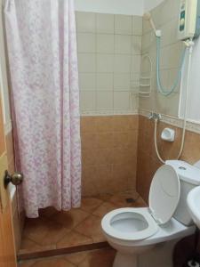 a bathroom with a toilet and a shower curtain at WJV INN JY in Cebu City