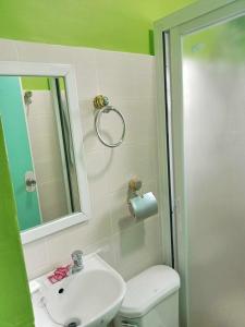 een badkamer met een toilet, een wastafel en een spiegel bij Hiding Place Mission Farm in General Tinio