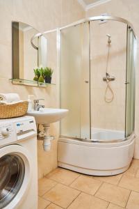 uma casa de banho com um chuveiro, um lavatório e uma máquina de lavar roupa em Mountain View Lux with balcony em Mukacheve