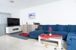 un soggiorno con divano blu e TV di Belle demeure spacieuse 2 a Mamoudzou