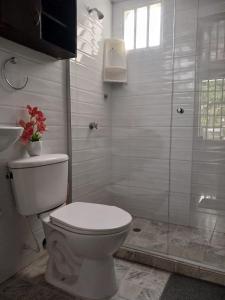 a white bathroom with a toilet and a shower at HABITACIÓN INDEPENDIENTE y APARTAESTUDIO MONOAMBIENTE in Barranquilla