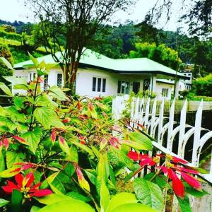 a white fence in front of a house with flowers at Waterfield Bungalow by Liyozi Leasiure in Nuwara Eliya